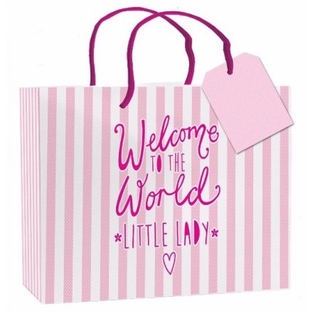 Welcome To The World Little Lady, Pink Stripe Gift Bag Medium