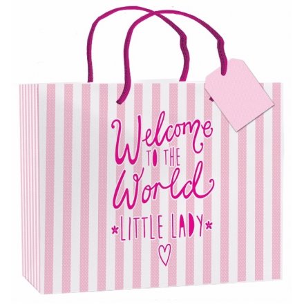 Welcome To The World Little Lady, Pink Striped Gift Bag Large