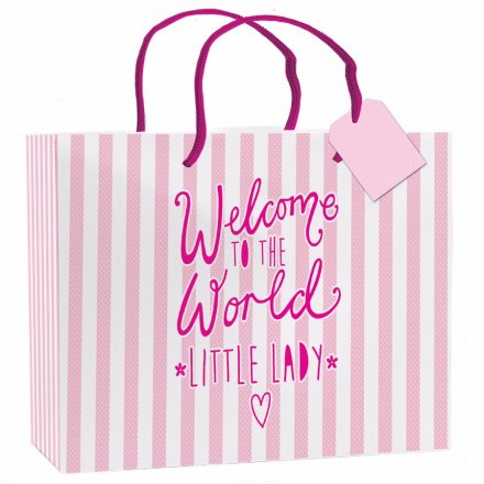 Welcome To The World Little Lady, Pink Stripe Gift Bag XL