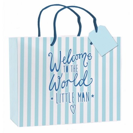 Welcome To The World Little Man, Blue Stripe Gift Bag Large