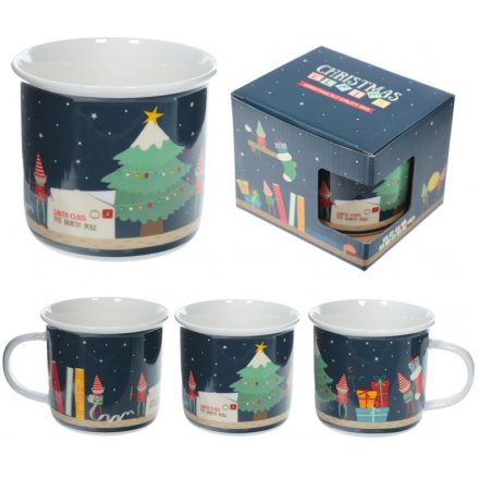 A christmas elf china mug in the style of enamel