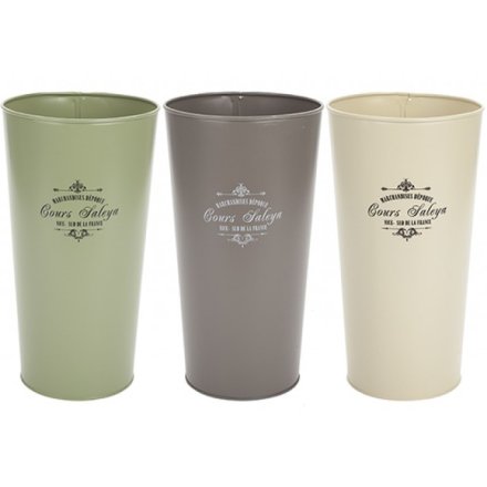 An assortment of tall flower buckets, each set with its colour and scripted text decal 