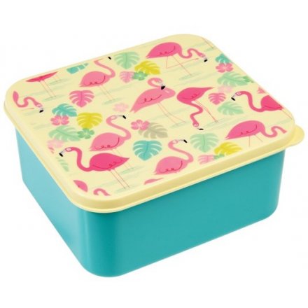 A fun flamingo themed plastic lunch box with an easy remove lid 