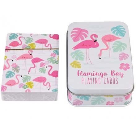 A set of playing cards with a metal tin in the popular Flamingo Bay design. 
