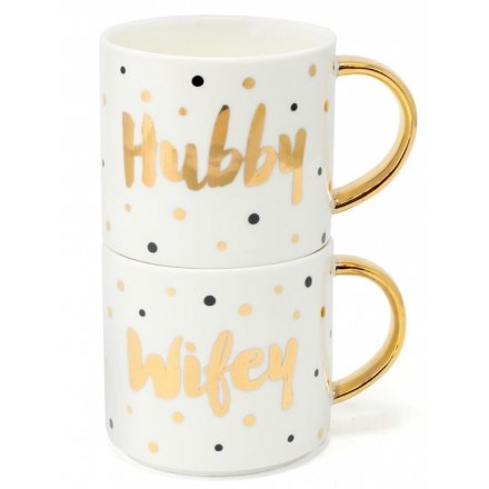 Gold Hubby & Wifey Stack Mugs 