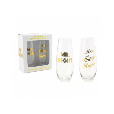 This glam and quirky set of His and Hers themed stemless flute glasses are a perfect gift idea 