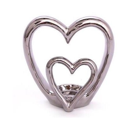 Silver Double Heart T-light Holder