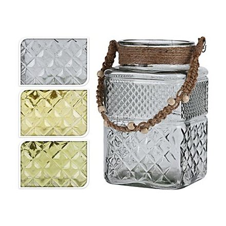 Square Glass Candle Lantern Rope Handle, 3 Assorted