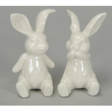 Ceramic White Giggling Bunnies, 2 Assorted