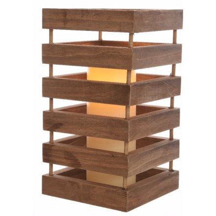 Tall Stacked Wooden Lantern LED Light Up 28cm