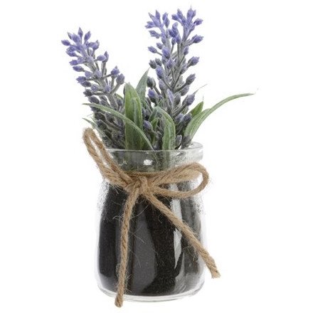 Faux lavender complete with a glass pot and string bow