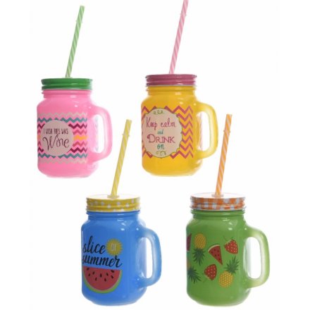 Totally Tropical Drinking Jars With Straws 13.5cm