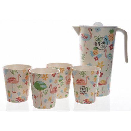 Flamingo Print Bamboo Drinking Jugs and Cups Set