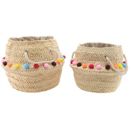 Woven Basket With Handles & Pompom Set of 2