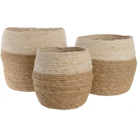 Two-Tone Straw Baskets Set of 3