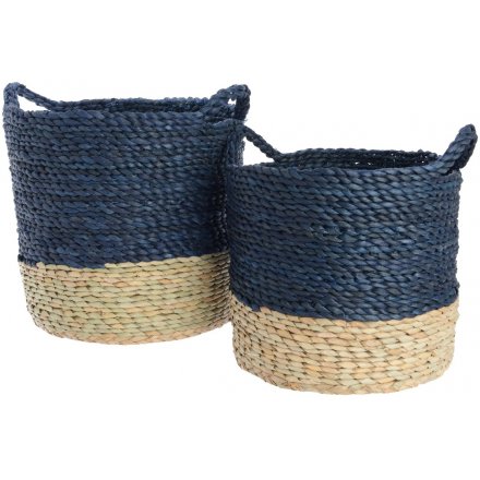 Natural & Blue Tall Cornleaf Baskets Set of 2