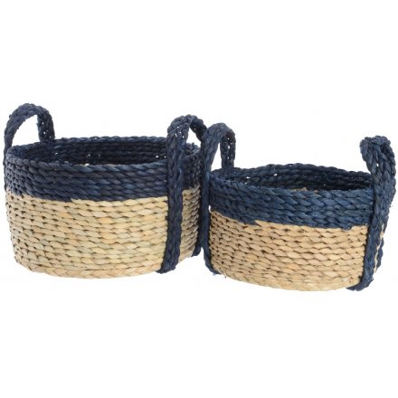 Set of 2 small natural & blue small cornleaf baskets