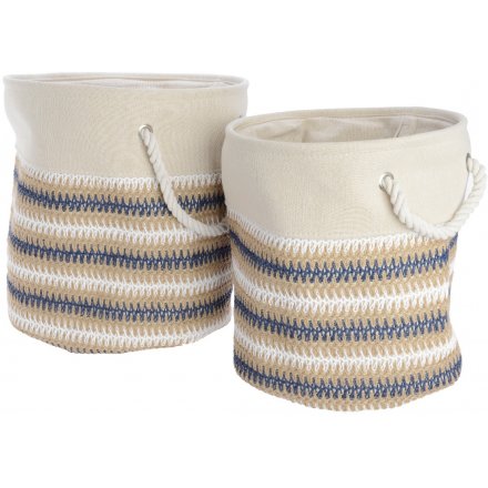 Set of 2 cream and blue tall canvas baskets