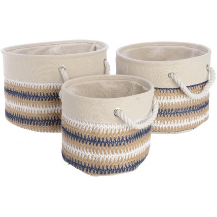 Cream & Blue Canvas Baskets Set of 3, 35cm
