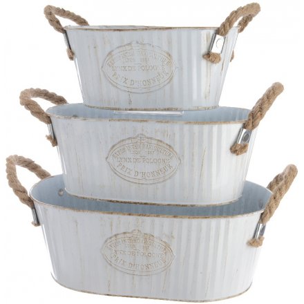 White Rustic Oval Buckets Set of 3