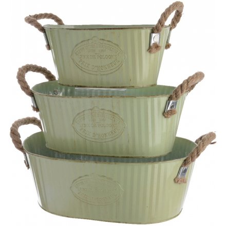 Zinc Oval Buckets With Rope Handles Set of 3
