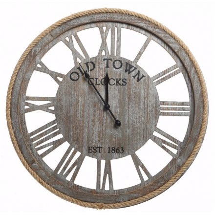 Old Town Wooden Clock w Rope Trim 60cm