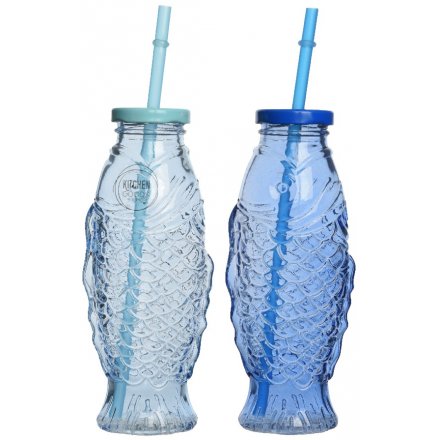 Fish Blue Glass Drinking Bottles Mix 19cm