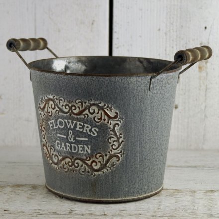 Grey Vintage Zinc Flowers and Garden Bucket