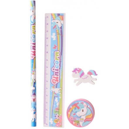 Write in style with this quirky unicorn inspired writing set, complete with a Pencil, Ruler, Rubber and Sharpener