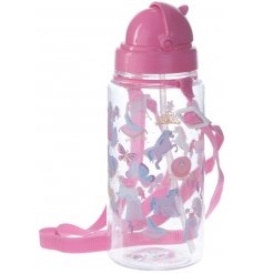 This pretty pink themed plastic water bottle will be a perfect travel item for any little princess