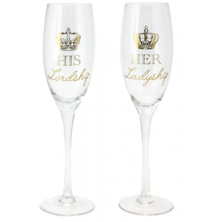  Let everybody know who the Lord and Ladyship of the party are with these stylish flute drinking glasses 