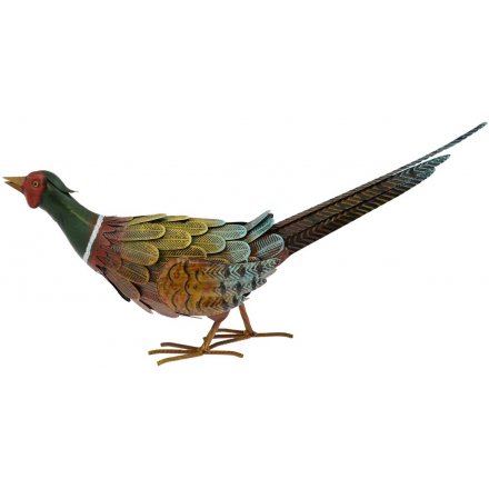 A hand painted metal pheasant garden decoration