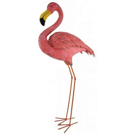 A hand painted flamingo metal garden figure