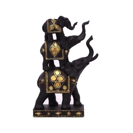21cm Black/Gold Triple Elephant Ornament