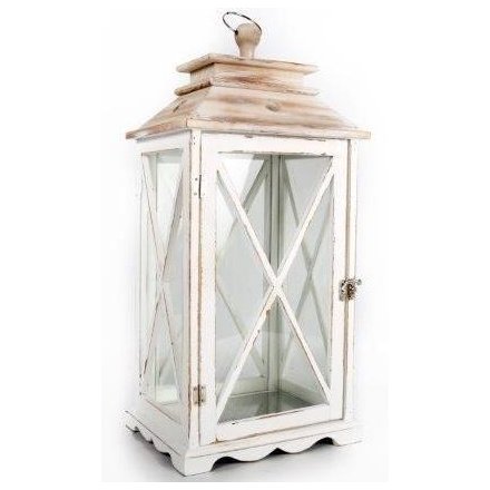 48cm White Washed Wooden Lantern