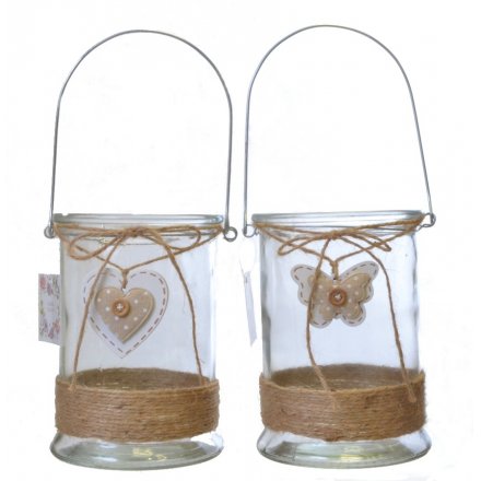 Heart/Butterfly Glass & String Candle Holder, 2 Assorted