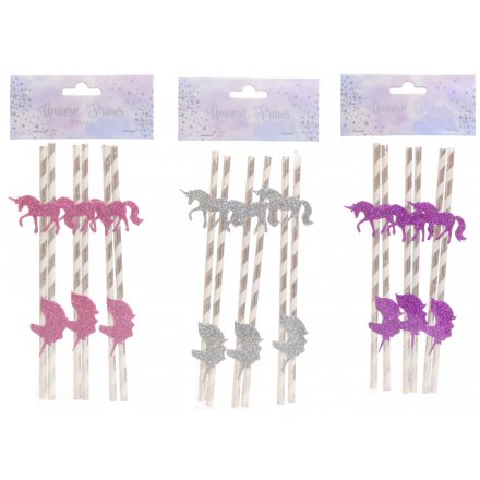 A pack of 6 glittery unicorn straws in 3 colours