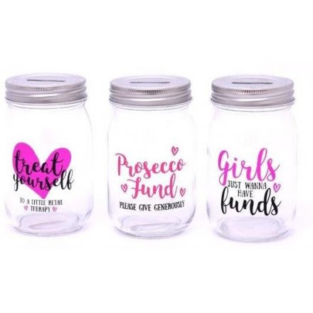 Girls Funds/Treat Yourself/Prosecco Money Jars, 3 Assorted