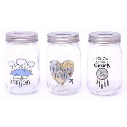 Rainy Day/Travel/Dreams Money Jars, 3 Assorted
