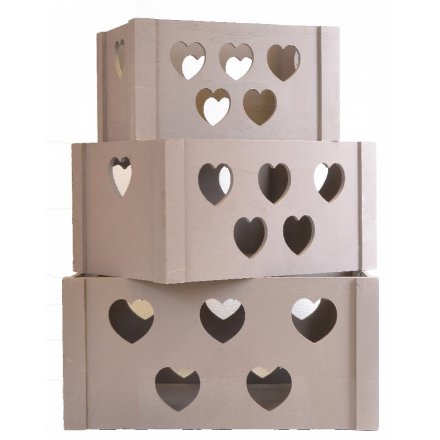 White-Grey Rustic Heart Crates, Set Of 3