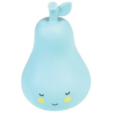A blue pear night light with happy face