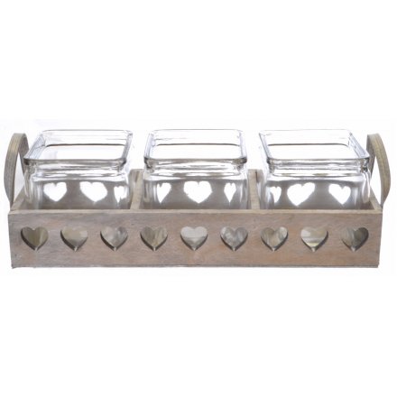 Three Glass Pots in Wooden Heart Tray
