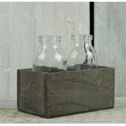 Greywashed Wooden Tray w Glass Bottles