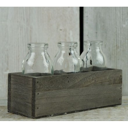 Greywashed Wooden Tray w 3 Glass Bottles