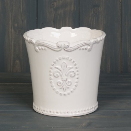  A beautifully smooth glaze finished ceramic pot, complete with a embossed Fleur De Lis