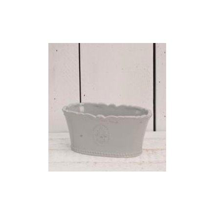 Small Grey Fleur De Lis Ceramic Trough 18.5cm