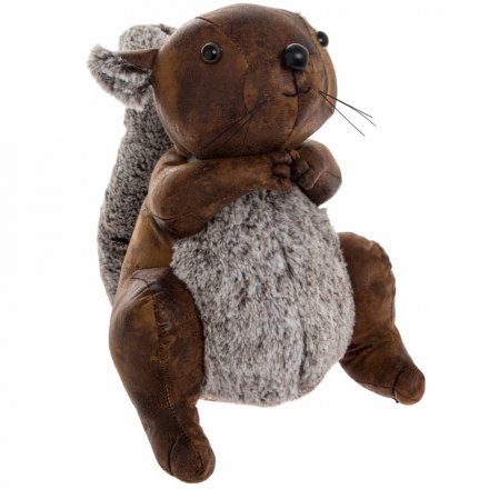A charming little faux leather squirrel doorstop with added faux fur accents 
