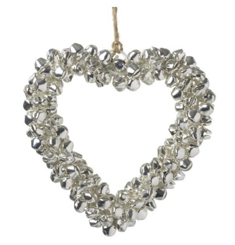 A heart shaped hanging decoration with a cluster of silver jingle bells. Complete with jute string hanger.
