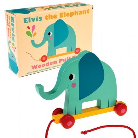 A wooden pull toy with blue elvis the elephant 