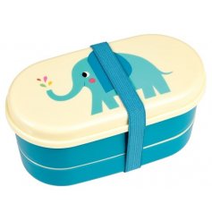 A bento style lunch box for kids with blue elvis the elephant design